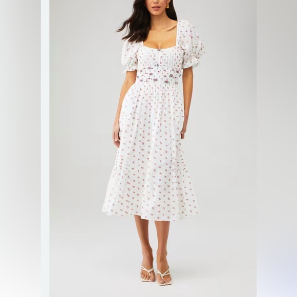 For Love And Lemons Dresses & Skirts - For Love & Lemons, White Floral Giusti Pocketed! Midi Dress, Size S | 0049